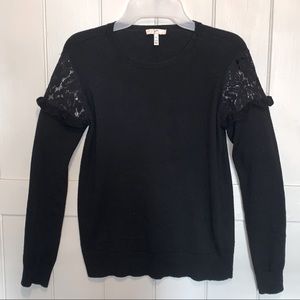 Joie- Black L/S, Lace Patch Shoulders, Crew Neck Knit Sweater- Size XS- EUC